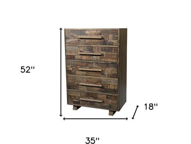 35" Brown Carved Geometric Solid Wood Five Drawer Dresser