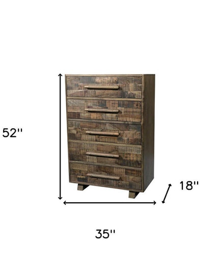 35" Brown Carved Geometric Solid Wood Five Drawer Dresser