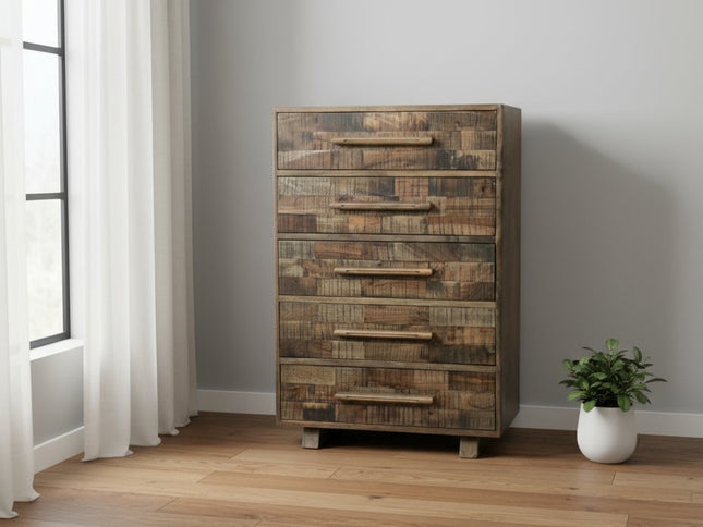 35" Brown Carved Geometric Solid Wood Five Drawer Dresser