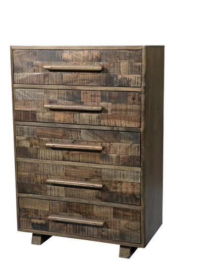 35" Brown Carved Geometric Solid Wood Five Drawer Dresser