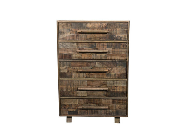 35" Brown Carved Geometric Solid Wood Five Drawer Dresser