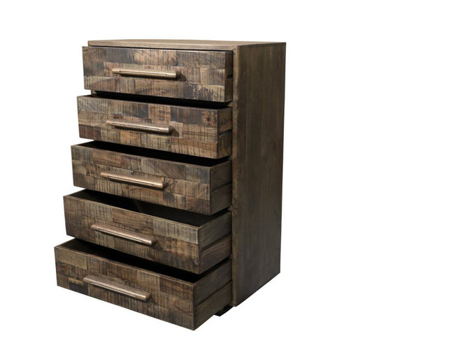 35" Brown Carved Geometric Solid Wood Five Drawer Dresser