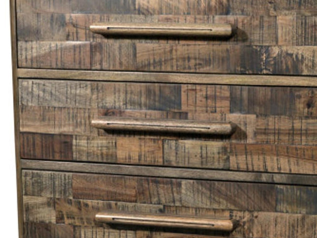 35" Brown Carved Geometric Solid Wood Five Drawer Dresser