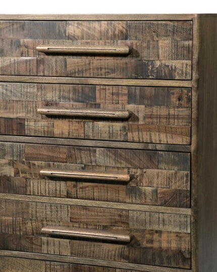 35" Brown Carved Geometric Solid Wood Five Drawer Dresser