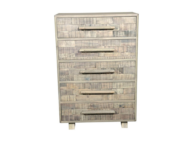 35" Gray Carved Geometric Solid Wood Five Drawer Dresser