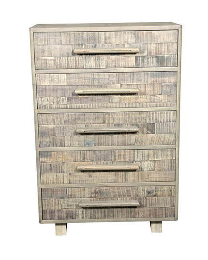 35" Gray Carved Geometric Solid Wood Five Drawer Dresser