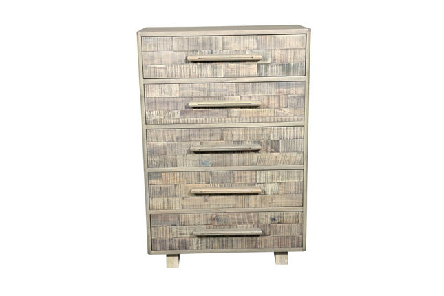 35" Gray Carved Geometric Solid Wood Five Drawer Dresser