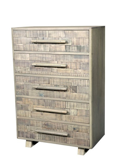 35" Gray Carved Geometric Solid Wood Five Drawer Dresser