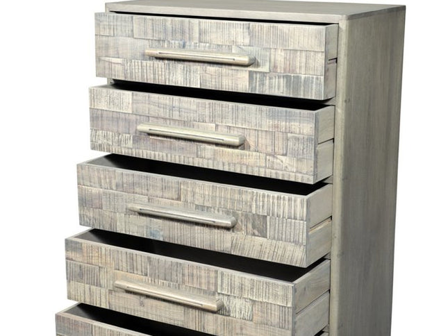 35" Gray Carved Geometric Solid Wood Five Drawer Dresser