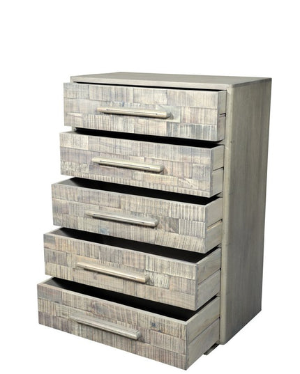 35" Gray Carved Geometric Solid Wood Five Drawer Dresser