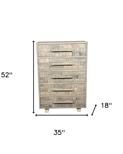 35" Gray Carved Geometric Solid Wood Five Drawer Dresser