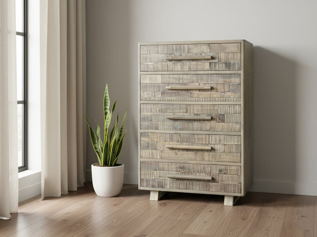 35" Gray Carved Geometric Solid Wood Five Drawer Dresser