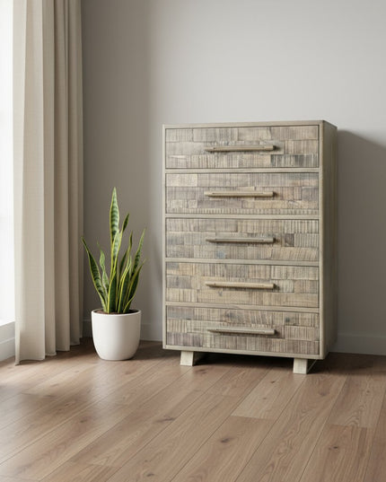 35" Gray Carved Geometric Solid Wood Five Drawer Dresser