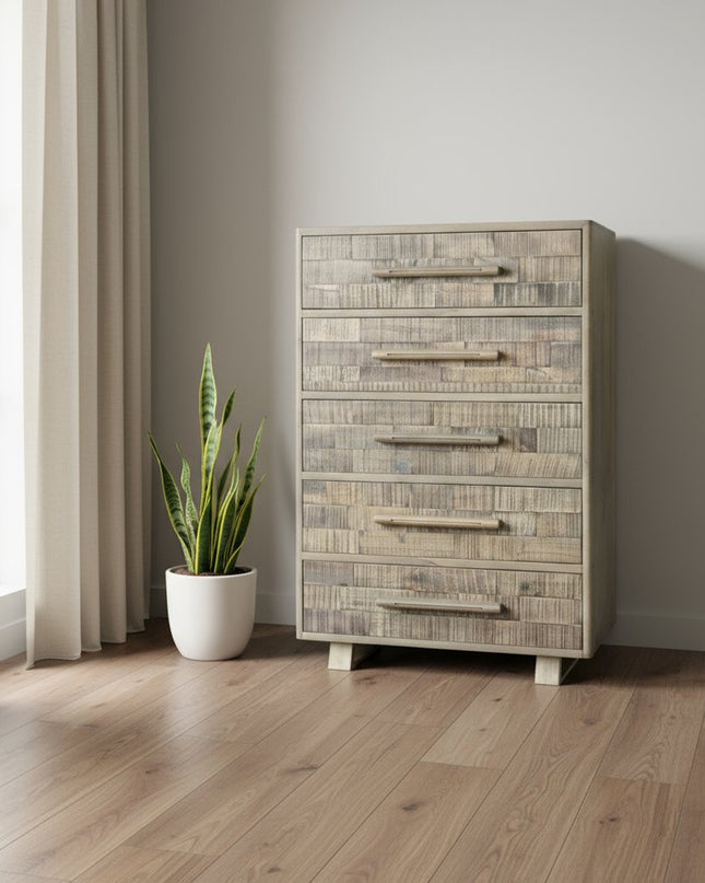 35" Gray Carved Geometric Solid Wood Five Drawer Dresser