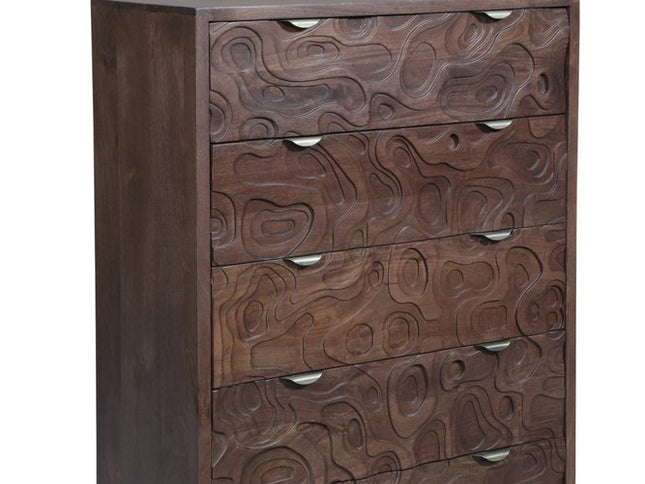 35" Brown Carved Abstract Solid Wood Five Drawer Dresser