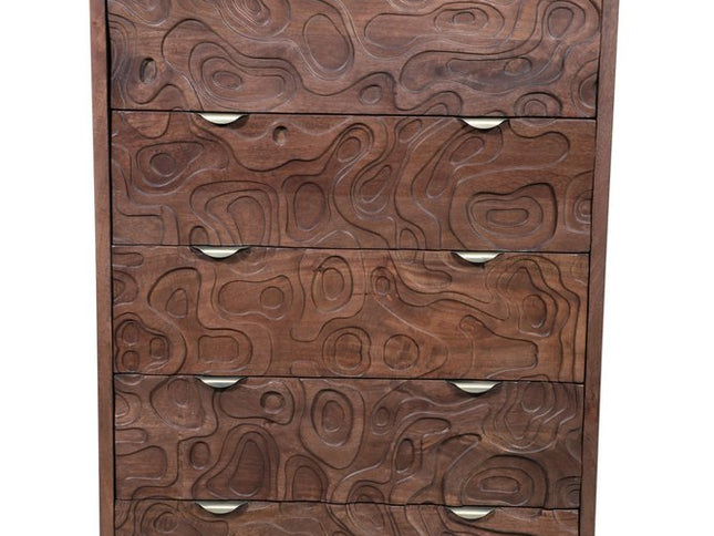 35" Brown Carved Abstract Solid Wood Five Drawer Dresser