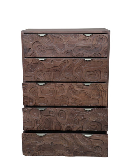 35" Brown Carved Abstract Solid Wood Five Drawer Dresser