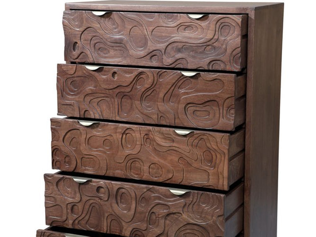 35" Brown Carved Abstract Solid Wood Five Drawer Dresser