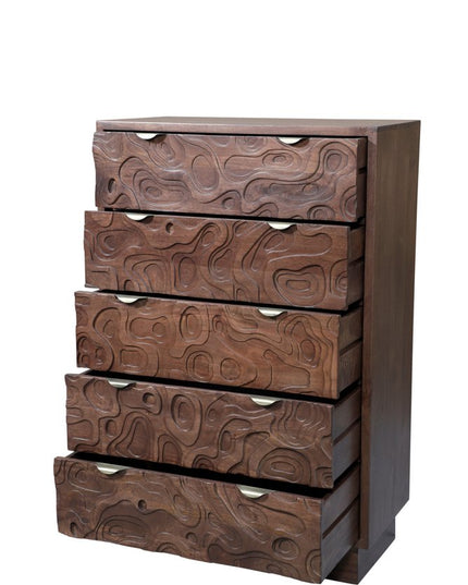 35" Brown Carved Abstract Solid Wood Five Drawer Dresser
