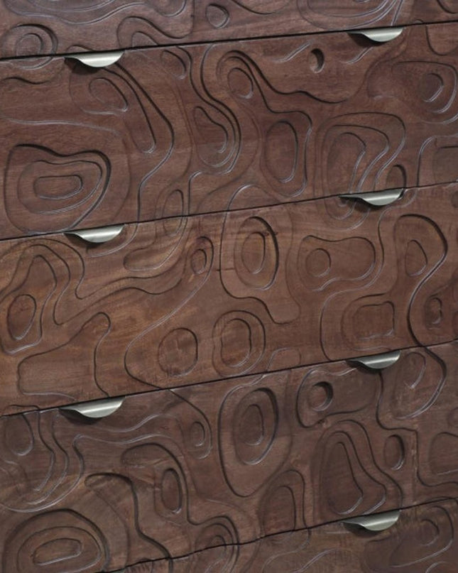 35" Brown Carved Abstract Solid Wood Five Drawer Dresser