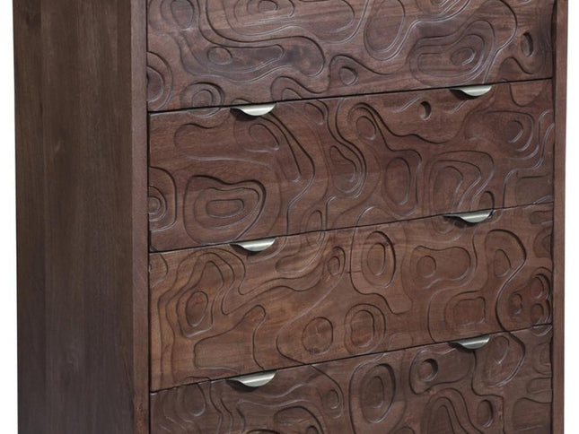 35" Brown Carved Abstract Solid Wood Five Drawer Dresser