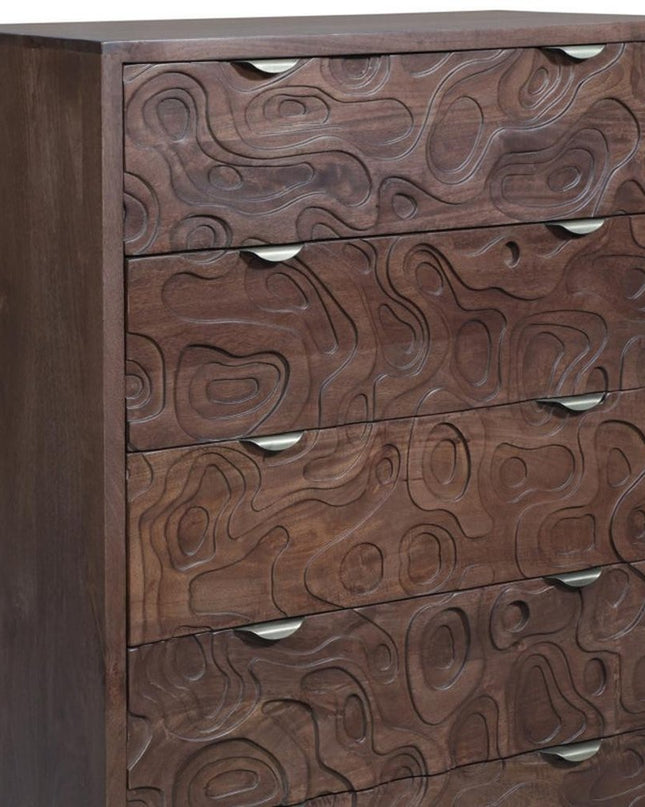 35" Brown Carved Abstract Solid Wood Five Drawer Dresser