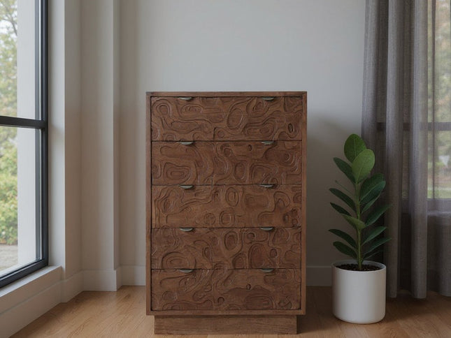 35" Brown Carved Abstract Solid Wood Five Drawer Dresser