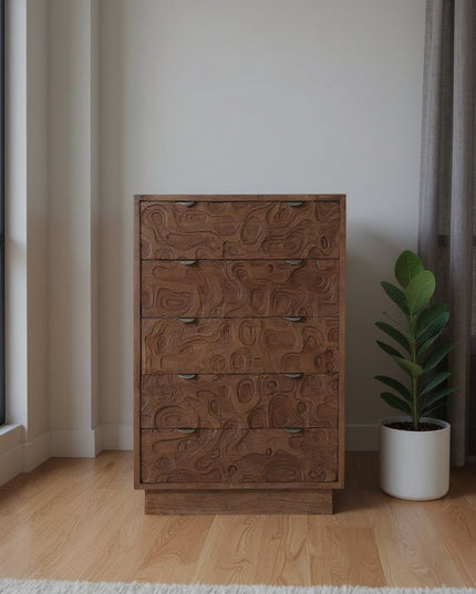 35" Brown Carved Abstract Solid Wood Five Drawer Dresser