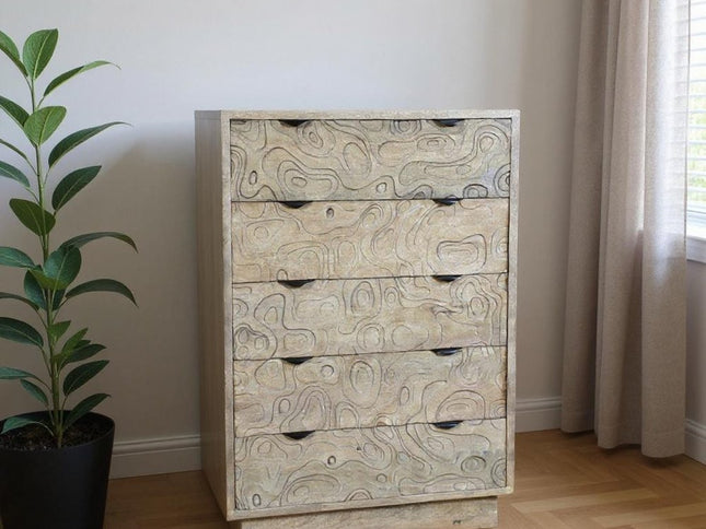 35" Gray Carved Abstract Solid Wood Five Drawer Dresser
