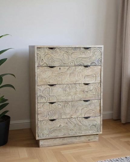 35" Gray Carved Abstract Solid Wood Five Drawer Dresser