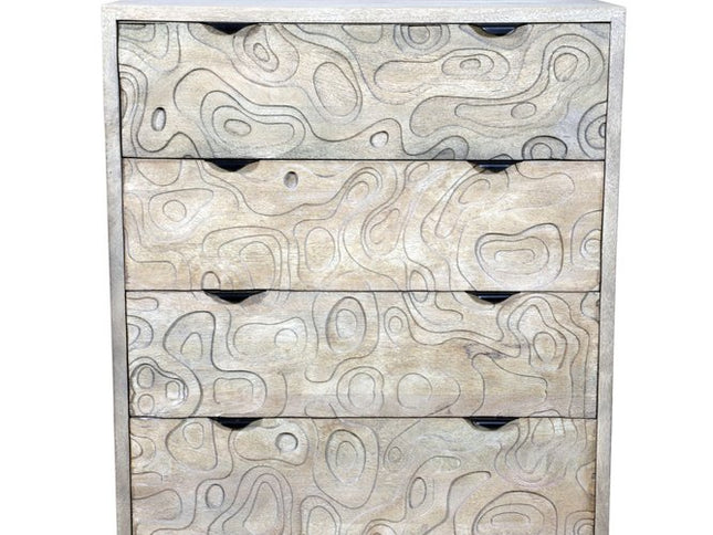 35" Gray Carved Abstract Solid Wood Five Drawer Dresser
