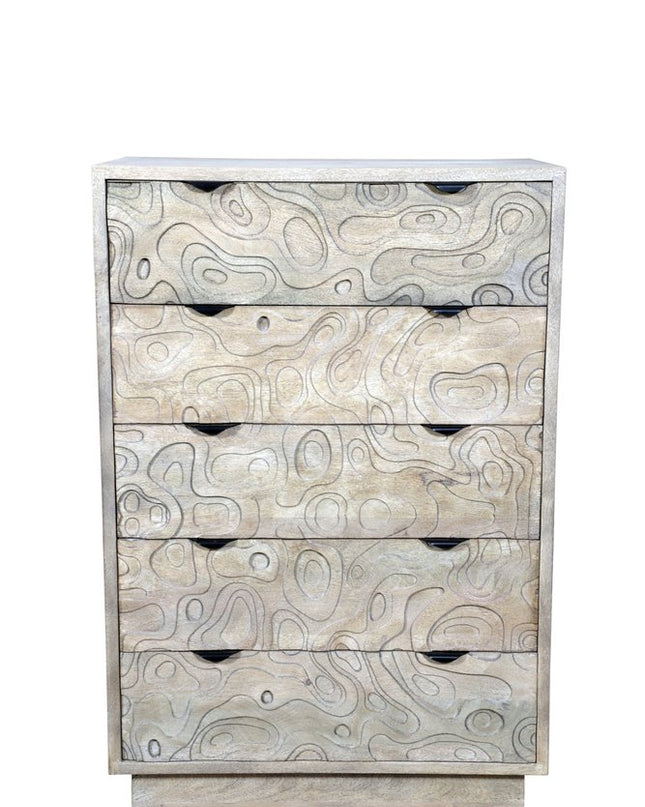 35" Gray Carved Abstract Solid Wood Five Drawer Dresser