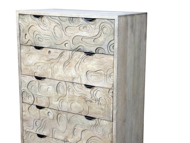 35" Gray Carved Abstract Solid Wood Five Drawer Dresser