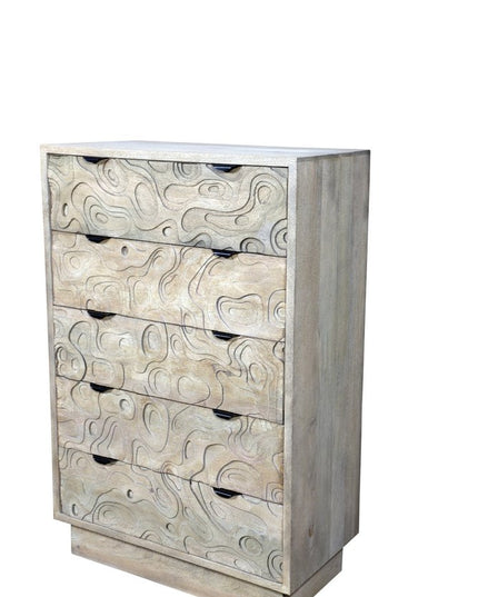 35" Gray Carved Abstract Solid Wood Five Drawer Dresser