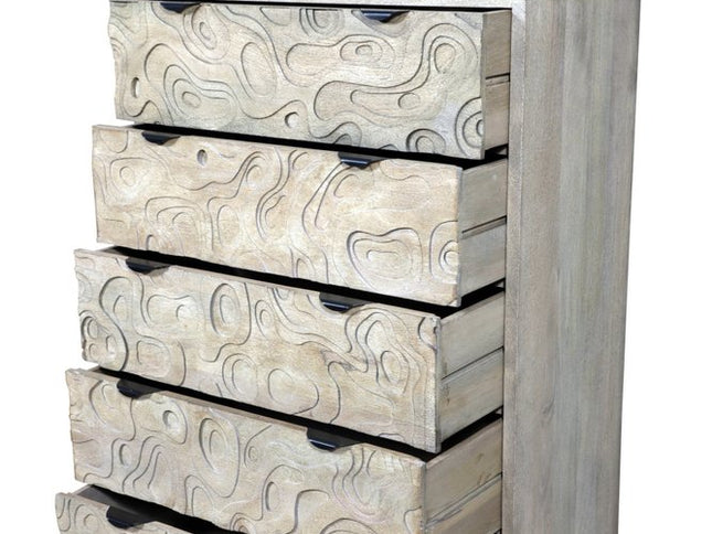 35" Gray Carved Abstract Solid Wood Five Drawer Dresser
