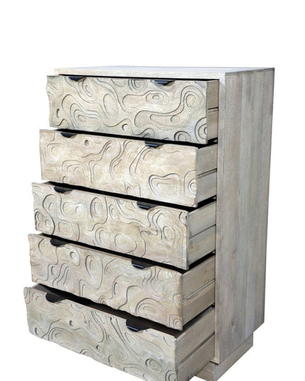 35" Gray Carved Abstract Solid Wood Five Drawer Dresser