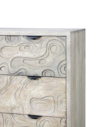 35" Gray Carved Abstract Solid Wood Five Drawer Dresser