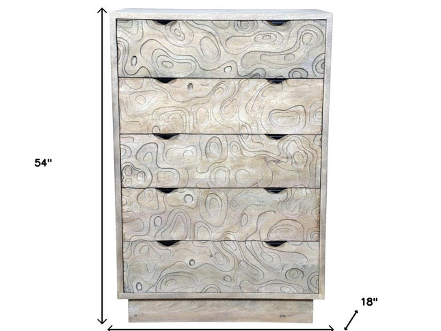 35" Gray Carved Abstract Solid Wood Five Drawer Dresser