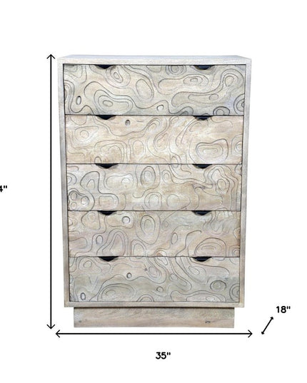 35" Gray Carved Abstract Solid Wood Five Drawer Dresser
