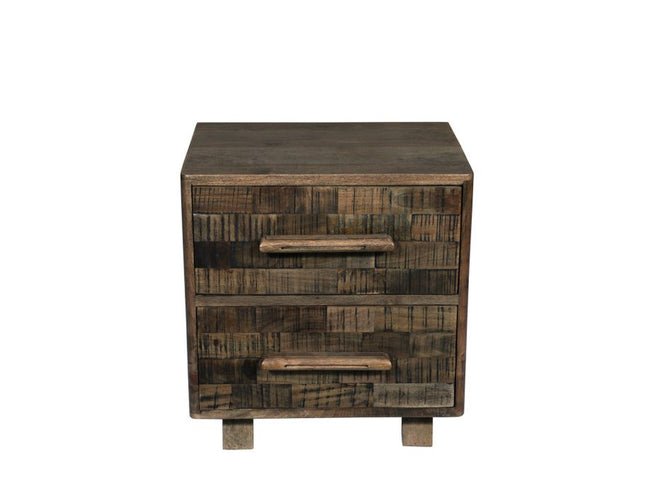 26" Brown Solid Wood Carved Geometric Two Drawer Nightstand