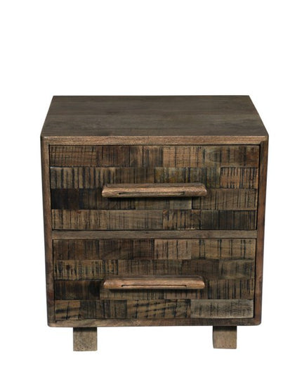 26" Brown Solid Wood Carved Geometric Two Drawer Nightstand