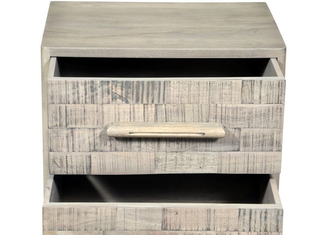 26" Gray Solid Wood Carved Geometric Two Drawer Nightstand