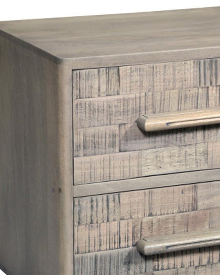 26" Gray Solid Wood Carved Geometric Two Drawer Nightstand