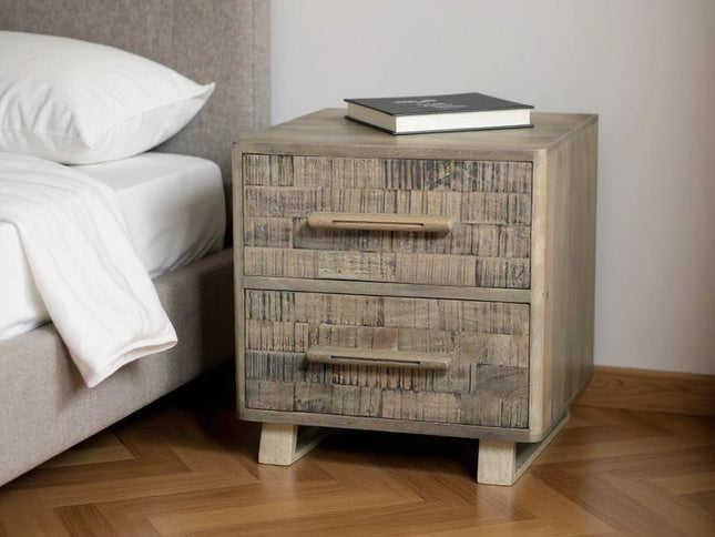 26" Gray Solid Wood Carved Geometric Two Drawer Nightstand