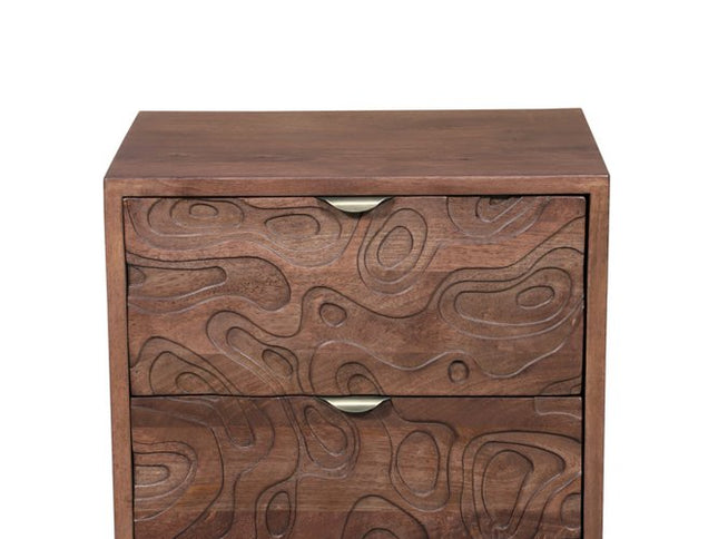 26" Brown Solid Wood Carved Abstract Two Drawer Nightstand