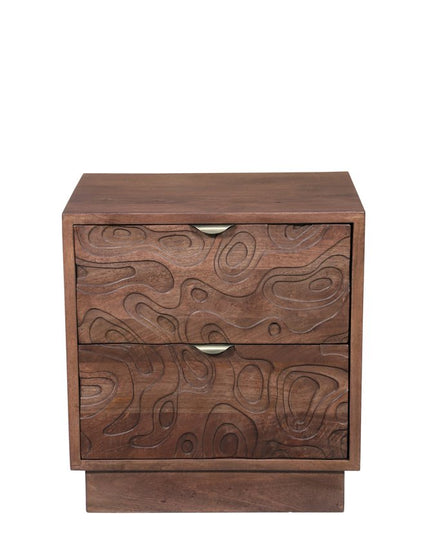 26" Brown Solid Wood Carved Abstract Two Drawer Nightstand