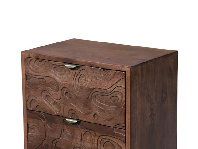 26" Brown Solid Wood Carved Abstract Two Drawer Nightstand