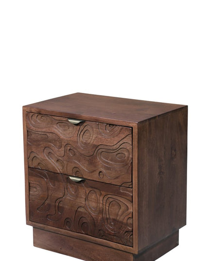 26" Brown Solid Wood Carved Abstract Two Drawer Nightstand