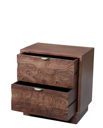 26" Brown Solid Wood Carved Abstract Two Drawer Nightstand