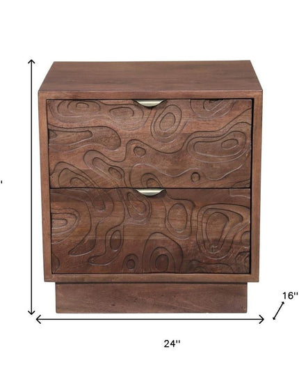 26" Brown Solid Wood Carved Abstract Two Drawer Nightstand